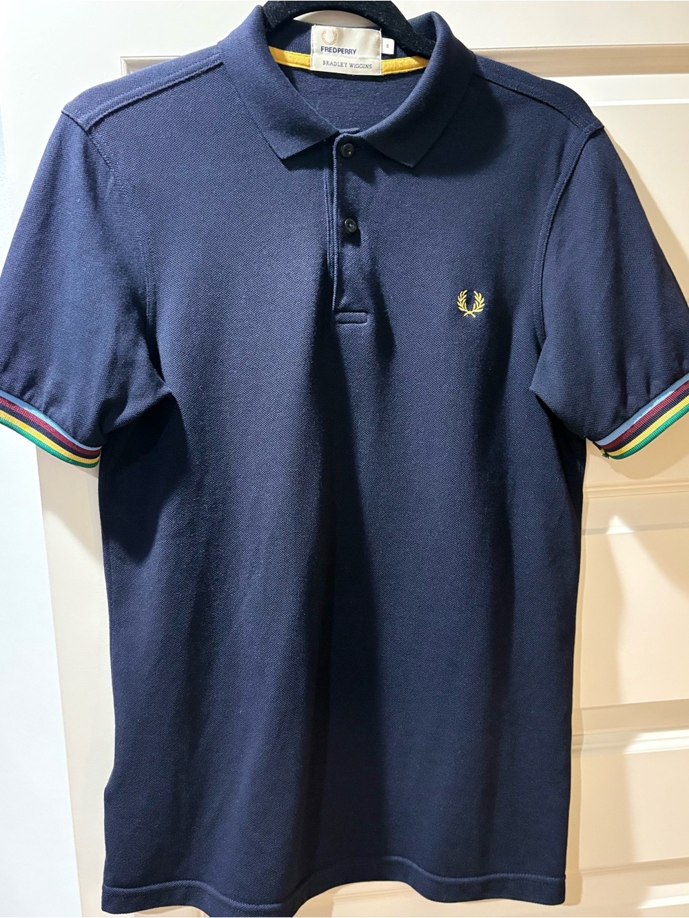 Fred Perry Navy Polo with Yellow Laurel and Multicolor Sleeve Trim